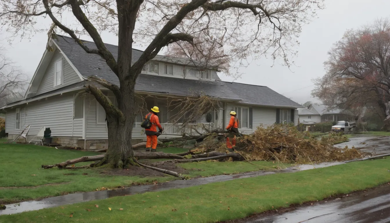 Local tree provider crew safely cutting a large fallen tree in a residential yard in East St. Louis after a storm