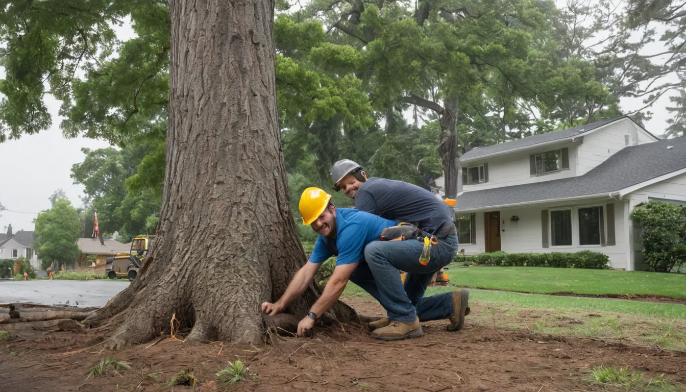 A homeowner and a local provider checking the base of a tree in the East St. Louis area